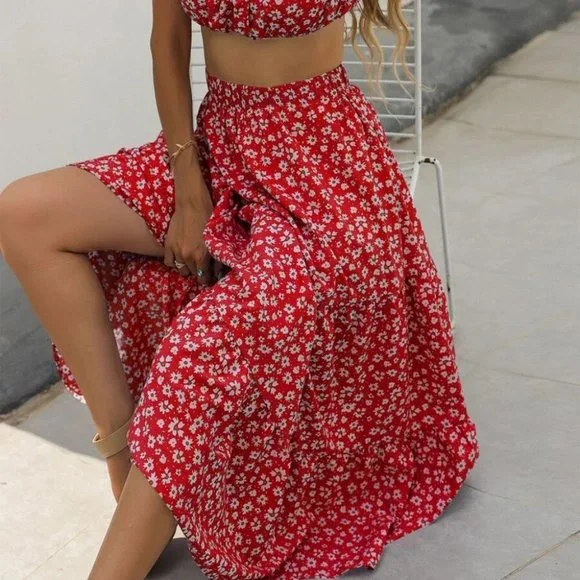 Red Ditsy Floral Print Cami Top & maxi Skirt Set - Picture 4 of 7